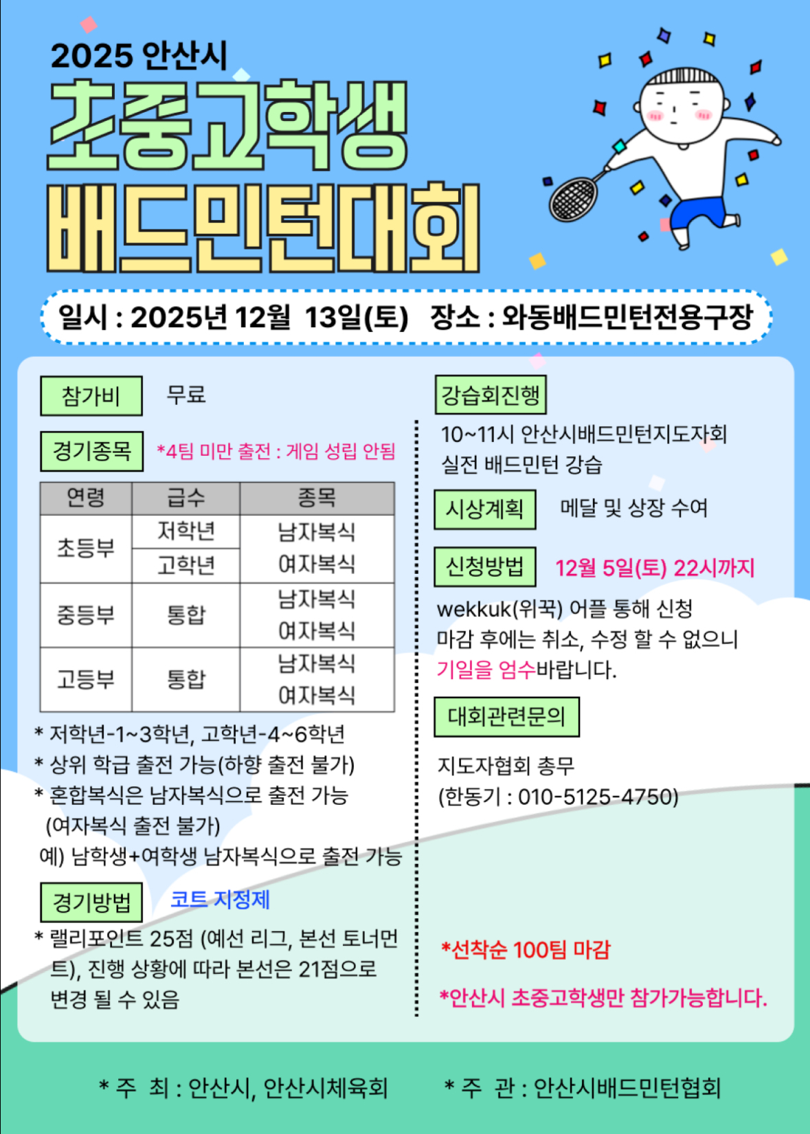 2025 안산시 체육회장배 초,중,고학생 배드민턴대회 포스터