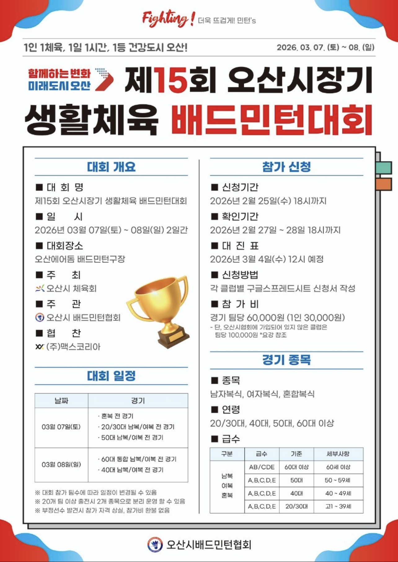 제15회 오산시장기  생활체육 배드민턴대회 포스터