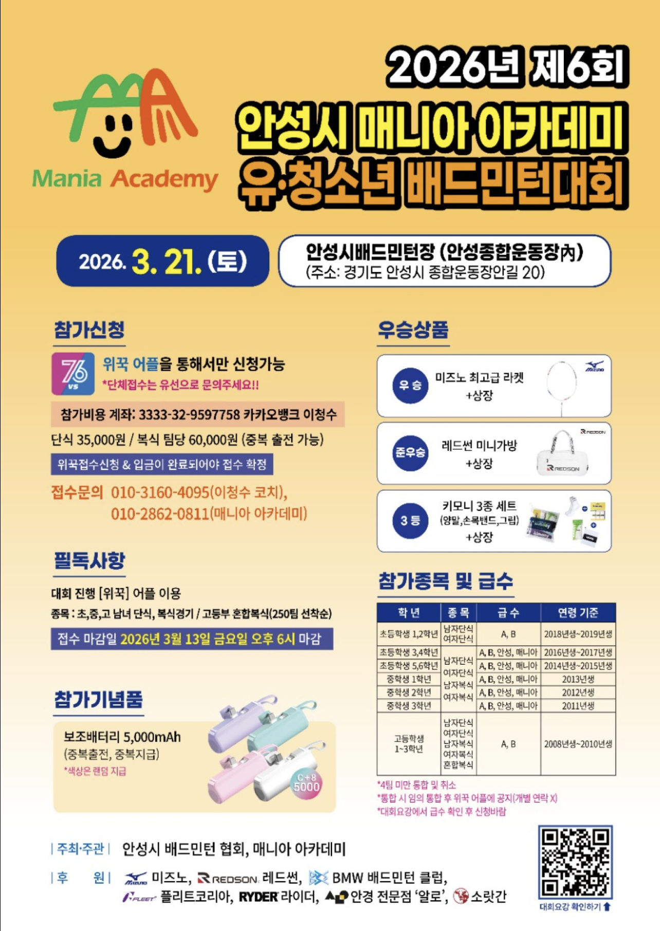2026년 제6회 안성시 매니아 아카데미 유,청소년 배드민턴대 포스터