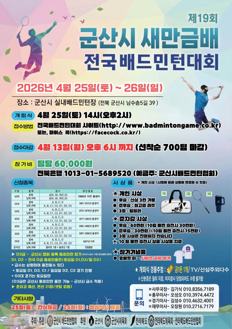 제19회 군산시 새만금배 전국배드민턴대회 포스터