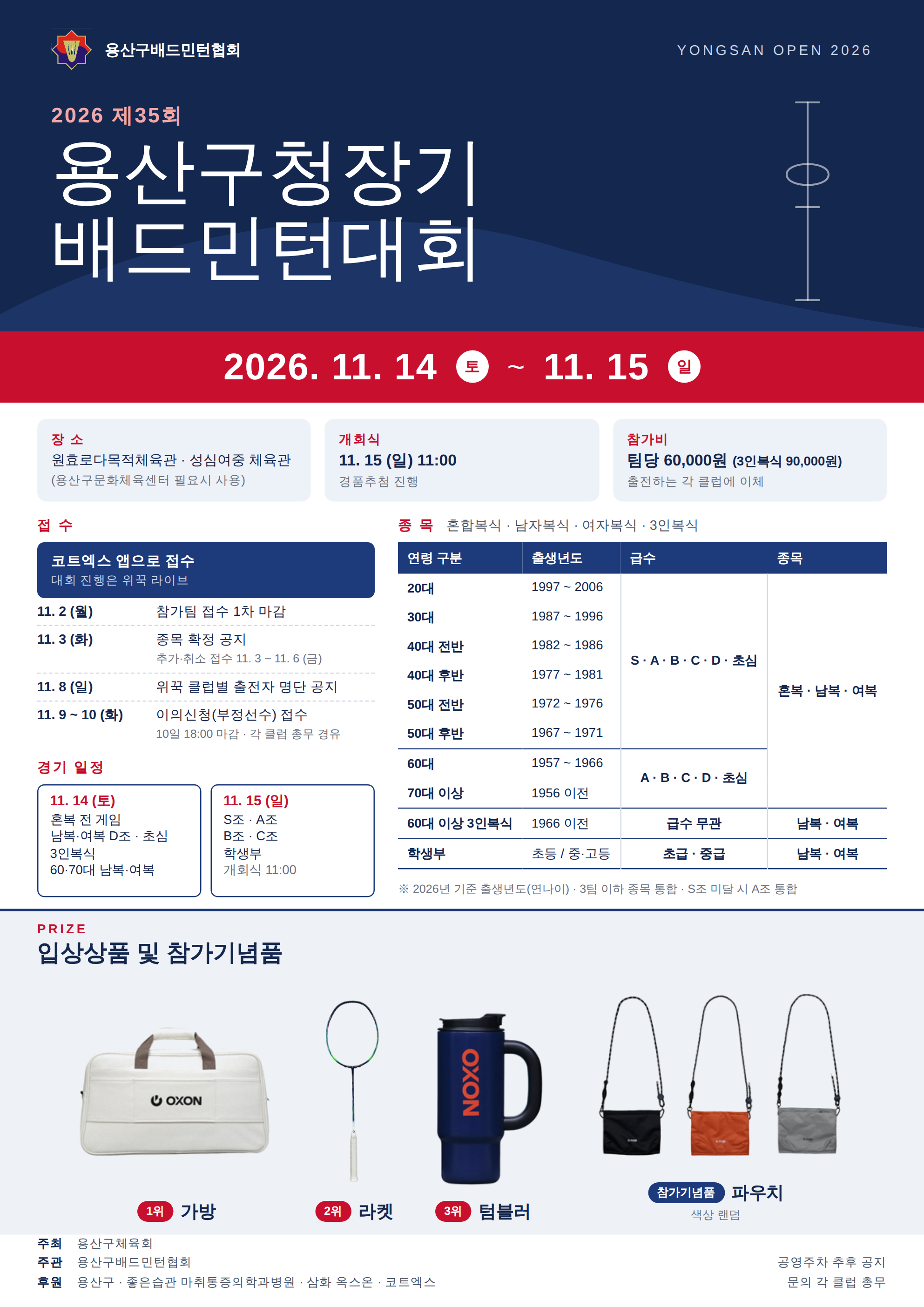 2026년 제35회 용산구청장기 배드민턴대회 포스터